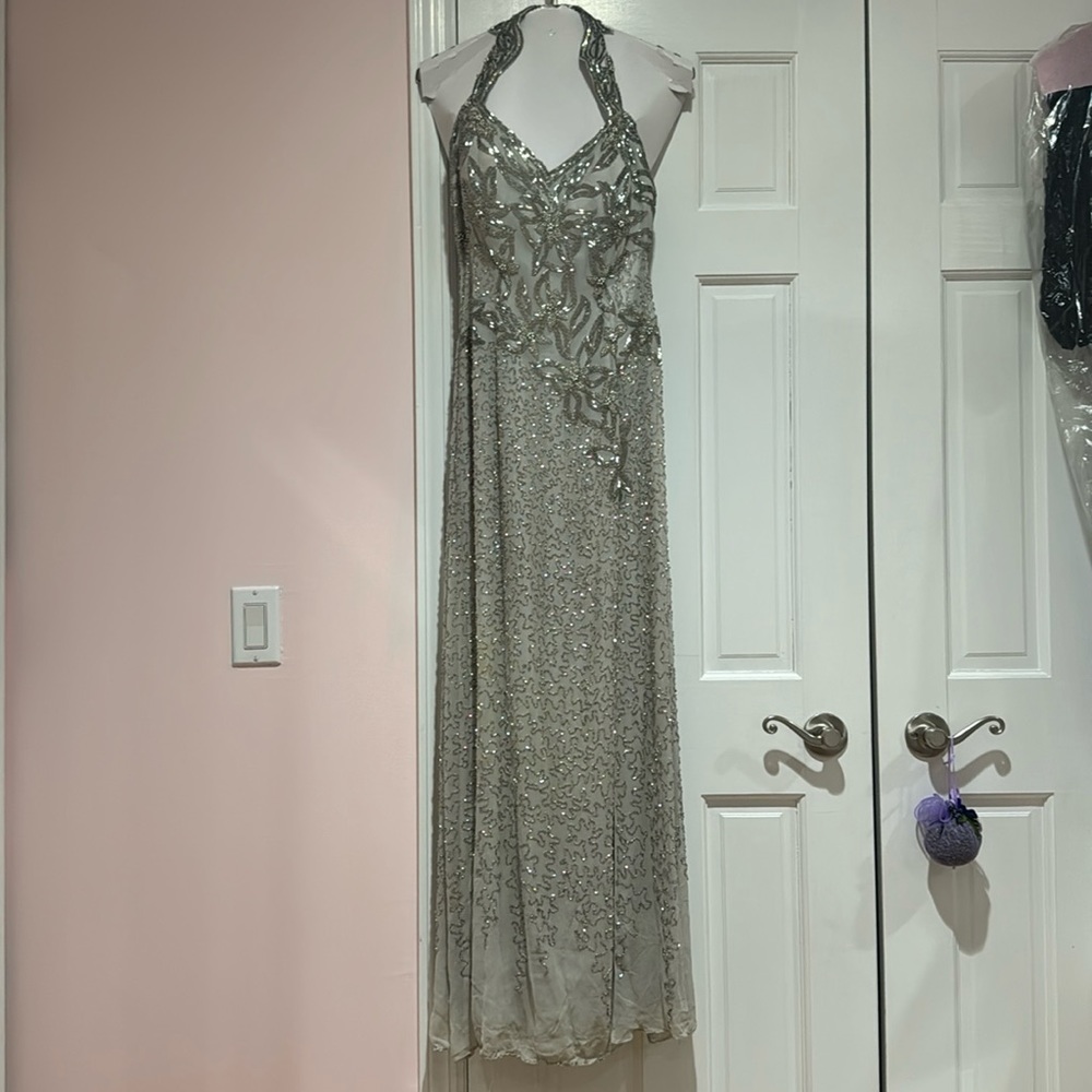 Silver Beaded Evening Gown